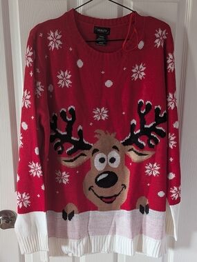 Red Reindeer Crew Neck Sweater - Women's Holiday Knit